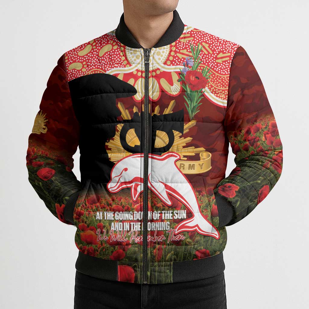 Personalised Dolphins Rugby ANZAC Day Bomber Puffer Jacket Last Post Poppy We Will Remember Them
