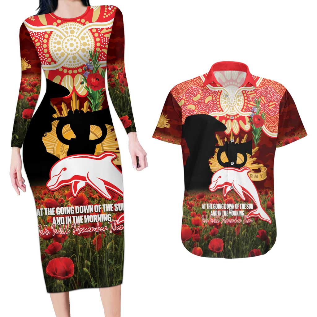 Personalised Dolphins Rugby ANZAC Day Couples Matching Long Sleeve Bodycon Dress and Hawaiian Shirt Last Post Poppy We Will Remember Them