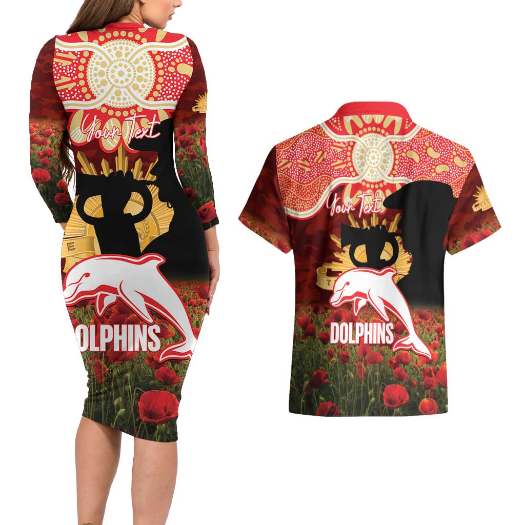 Personalised Dolphins Rugby ANZAC Day Couples Matching Long Sleeve Bodycon Dress and Hawaiian Shirt Last Post Poppy We Will Remember Them