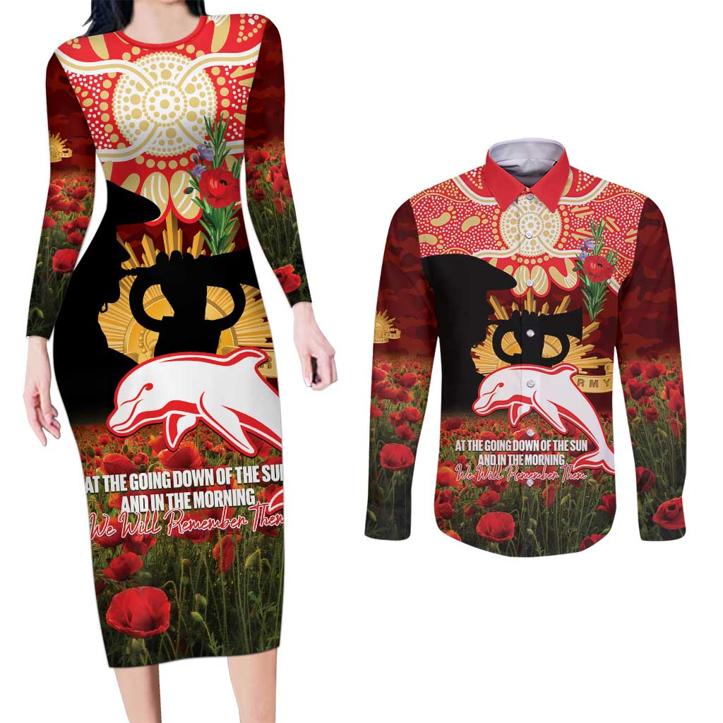 Personalised Dolphins Rugby ANZAC Day Couples Matching Long Sleeve Bodycon Dress and Long Sleeve Button Shirt Last Post Poppy We Will Remember Them