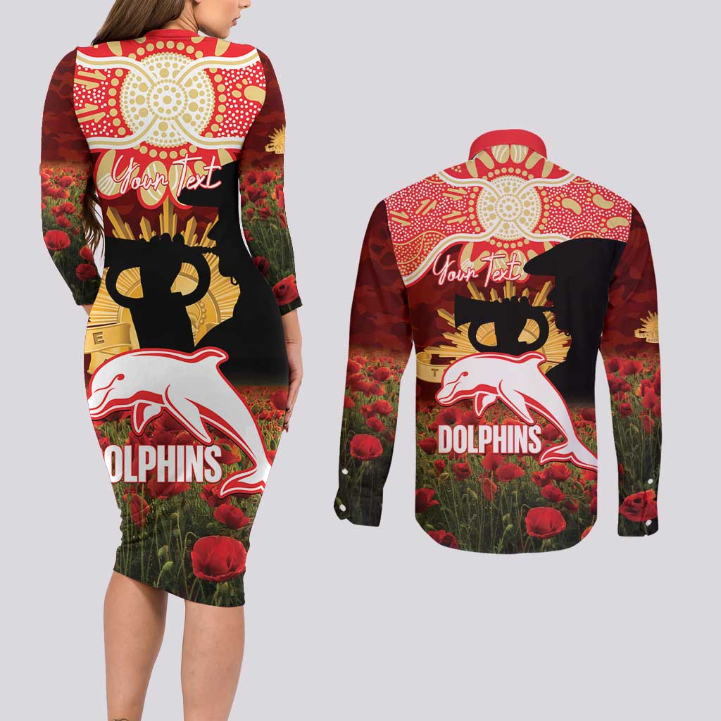 Personalised Dolphins Rugby ANZAC Day Couples Matching Long Sleeve Bodycon Dress and Long Sleeve Button Shirt Last Post Poppy We Will Remember Them