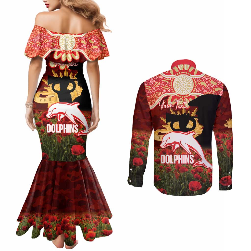 Personalised Dolphins Rugby ANZAC Day Couples Matching Mermaid Dress and Long Sleeve Button Shirt Last Post Poppy We Will Remember Them