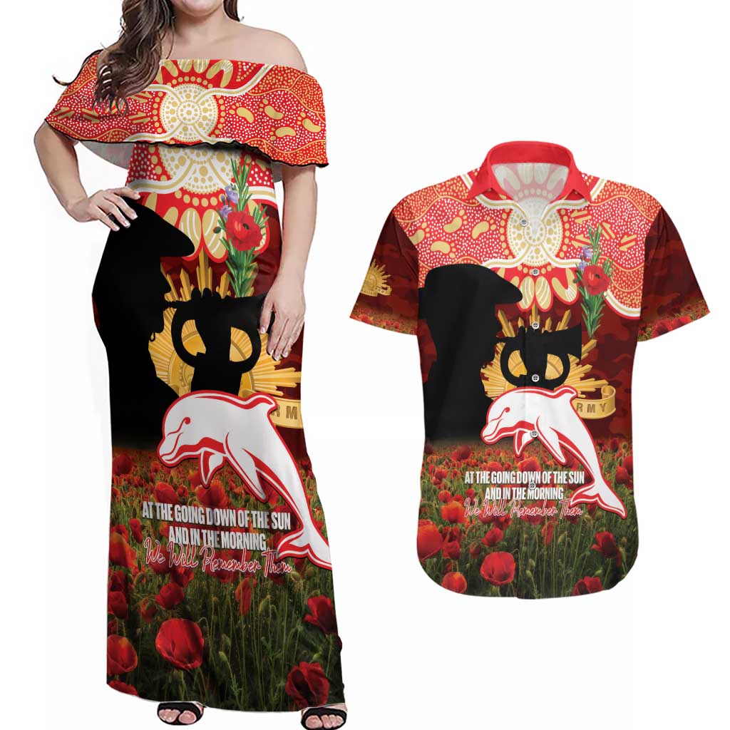 Personalised Dolphins Rugby ANZAC Day Couples Matching Off Shoulder Maxi Dress and Hawaiian Shirt Last Post Poppy We Will Remember Them