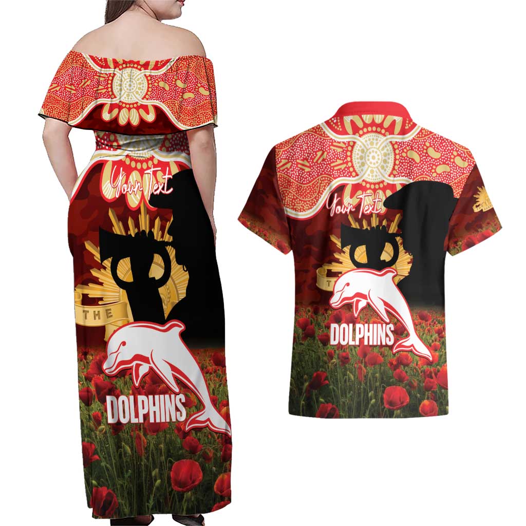 Personalised Dolphins Rugby ANZAC Day Couples Matching Off Shoulder Maxi Dress and Hawaiian Shirt Last Post Poppy We Will Remember Them