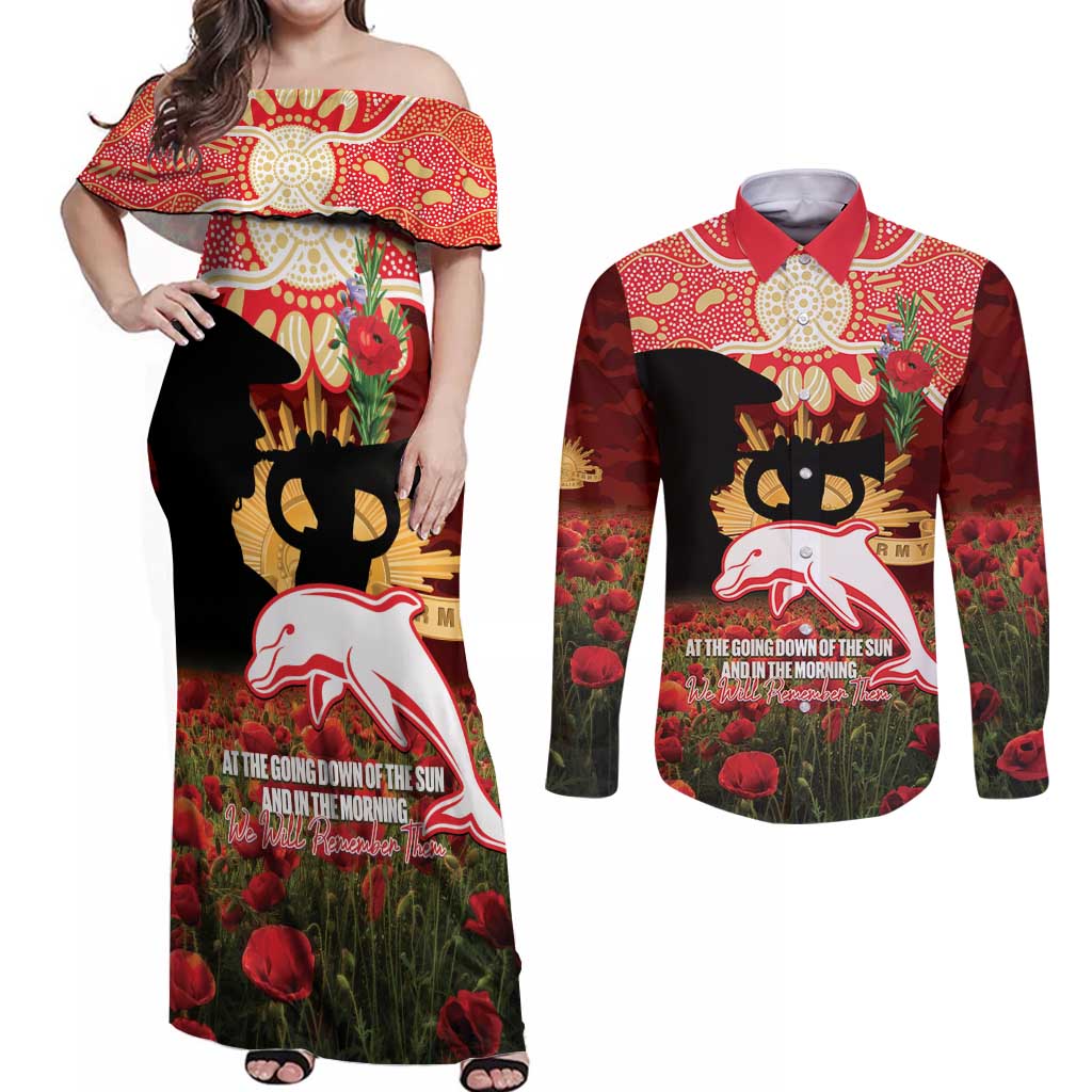 Personalised Dolphins Rugby ANZAC Day Couples Matching Off Shoulder Maxi Dress and Long Sleeve Button Shirt Last Post Poppy We Will Remember Them