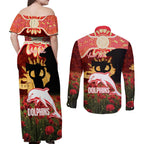 Personalised Dolphins Rugby ANZAC Day Couples Matching Off Shoulder Maxi Dress and Long Sleeve Button Shirt Last Post Poppy We Will Remember Them