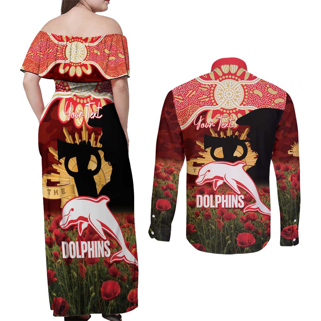 Personalised Dolphins Rugby ANZAC Day Couples Matching Off Shoulder Maxi Dress and Long Sleeve Button Shirt Last Post Poppy We Will Remember Them