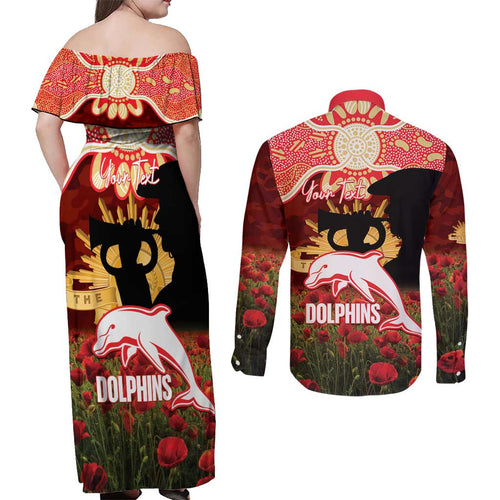 Personalised Dolphins Rugby ANZAC Day Couples Matching Off Shoulder Maxi Dress and Long Sleeve Button Shirt Last Post Poppy We Will Remember Them