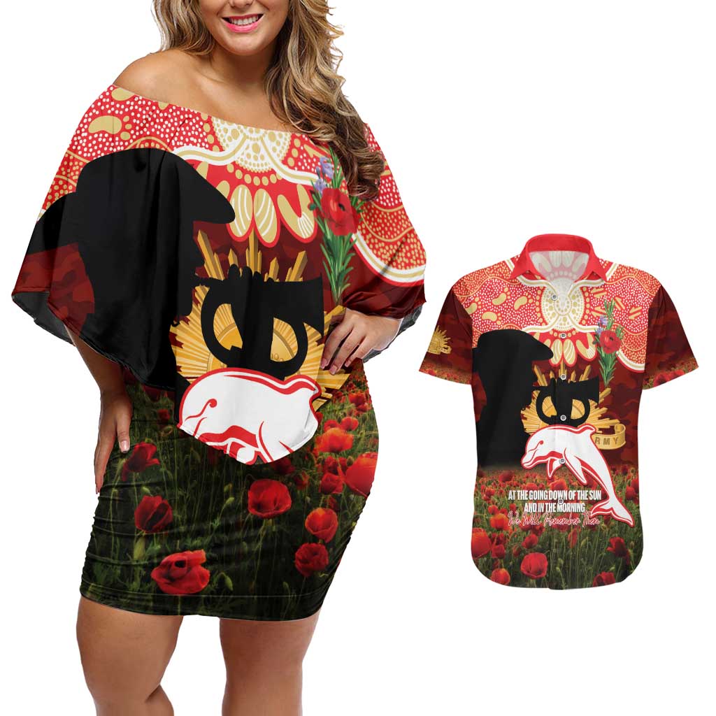 Personalised Dolphins Rugby ANZAC Day Couples Matching Off Shoulder Short Dress and Hawaiian Shirt Last Post Poppy We Will Remember Them