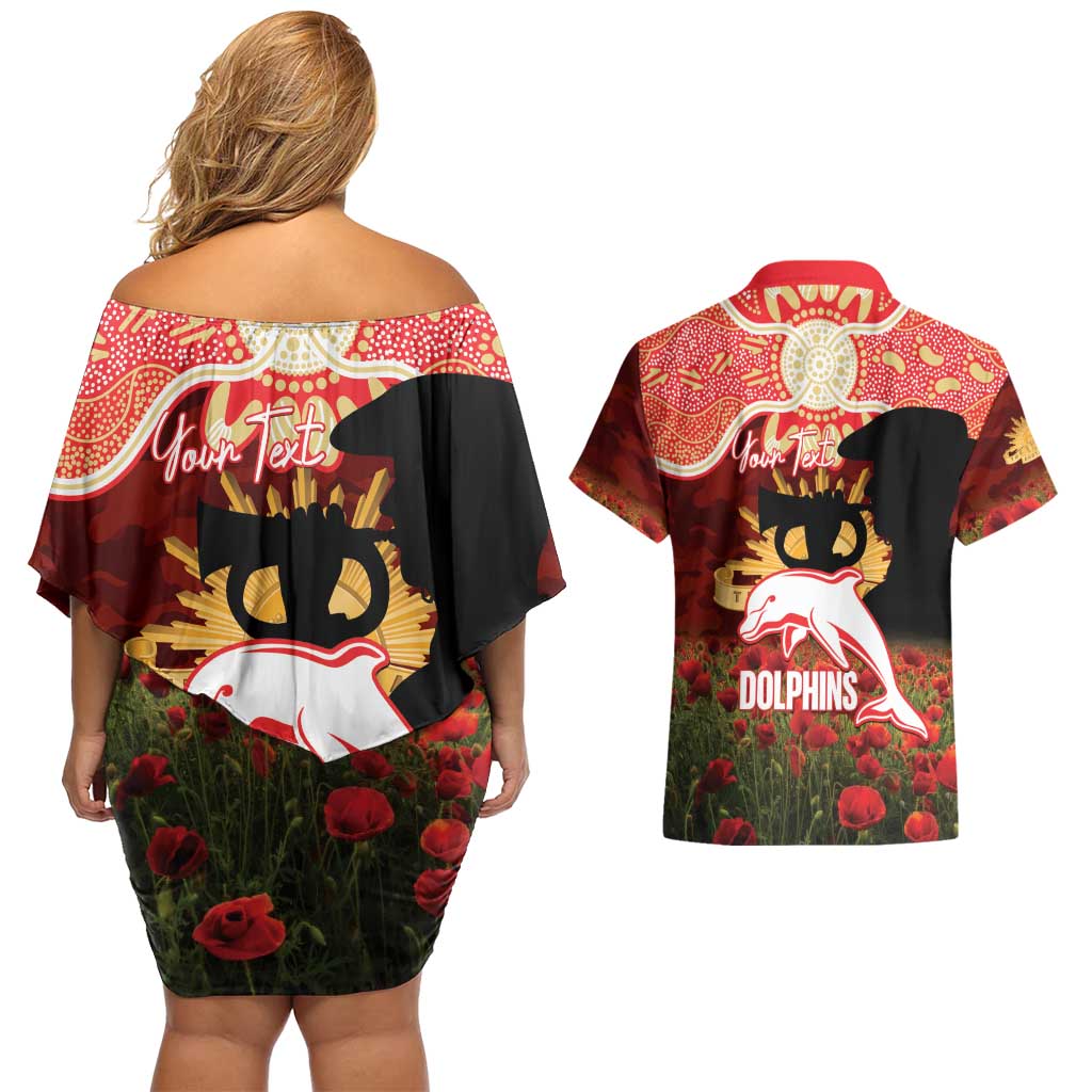 Personalised Dolphins Rugby ANZAC Day Couples Matching Off Shoulder Short Dress and Hawaiian Shirt Last Post Poppy We Will Remember Them