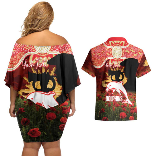 Personalised Dolphins Rugby ANZAC Day Couples Matching Off Shoulder Short Dress and Hawaiian Shirt Last Post Poppy We Will Remember Them