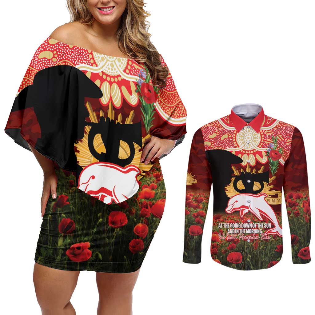 Personalised Dolphins Rugby ANZAC Day Couples Matching Off Shoulder Short Dress and Long Sleeve Button Shirt Last Post Poppy We Will Remember Them