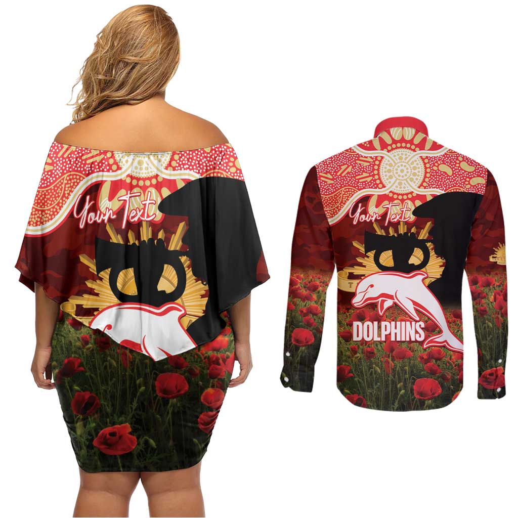 Personalised Dolphins Rugby ANZAC Day Couples Matching Off Shoulder Short Dress and Long Sleeve Button Shirt Last Post Poppy We Will Remember Them