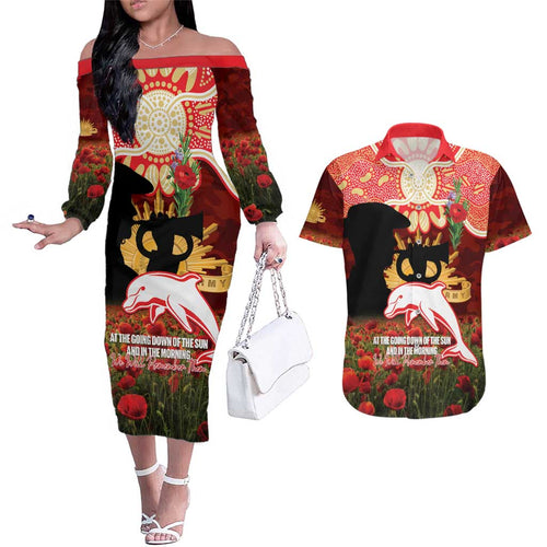 Personalised Dolphins Rugby ANZAC Day Couples Matching Off The Shoulder Long Sleeve Dress and Hawaiian Shirt Last Post Poppy We Will Remember Them