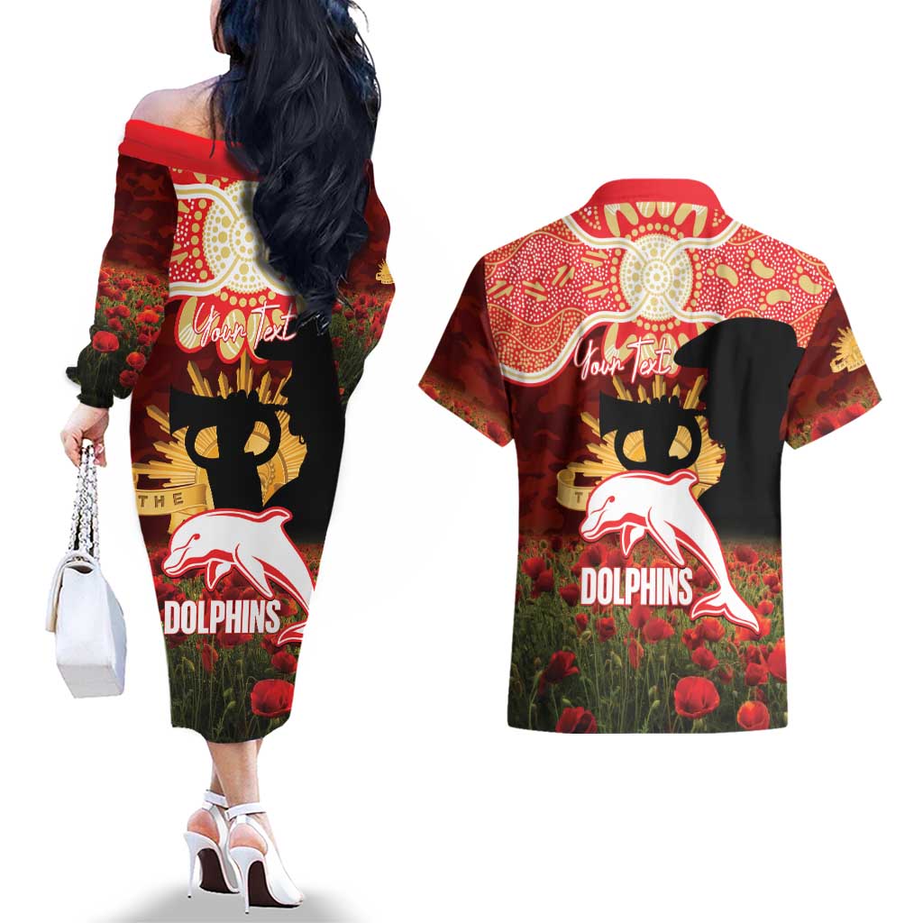 Personalised Dolphins Rugby ANZAC Day Couples Matching Off The Shoulder Long Sleeve Dress and Hawaiian Shirt Last Post Poppy We Will Remember Them