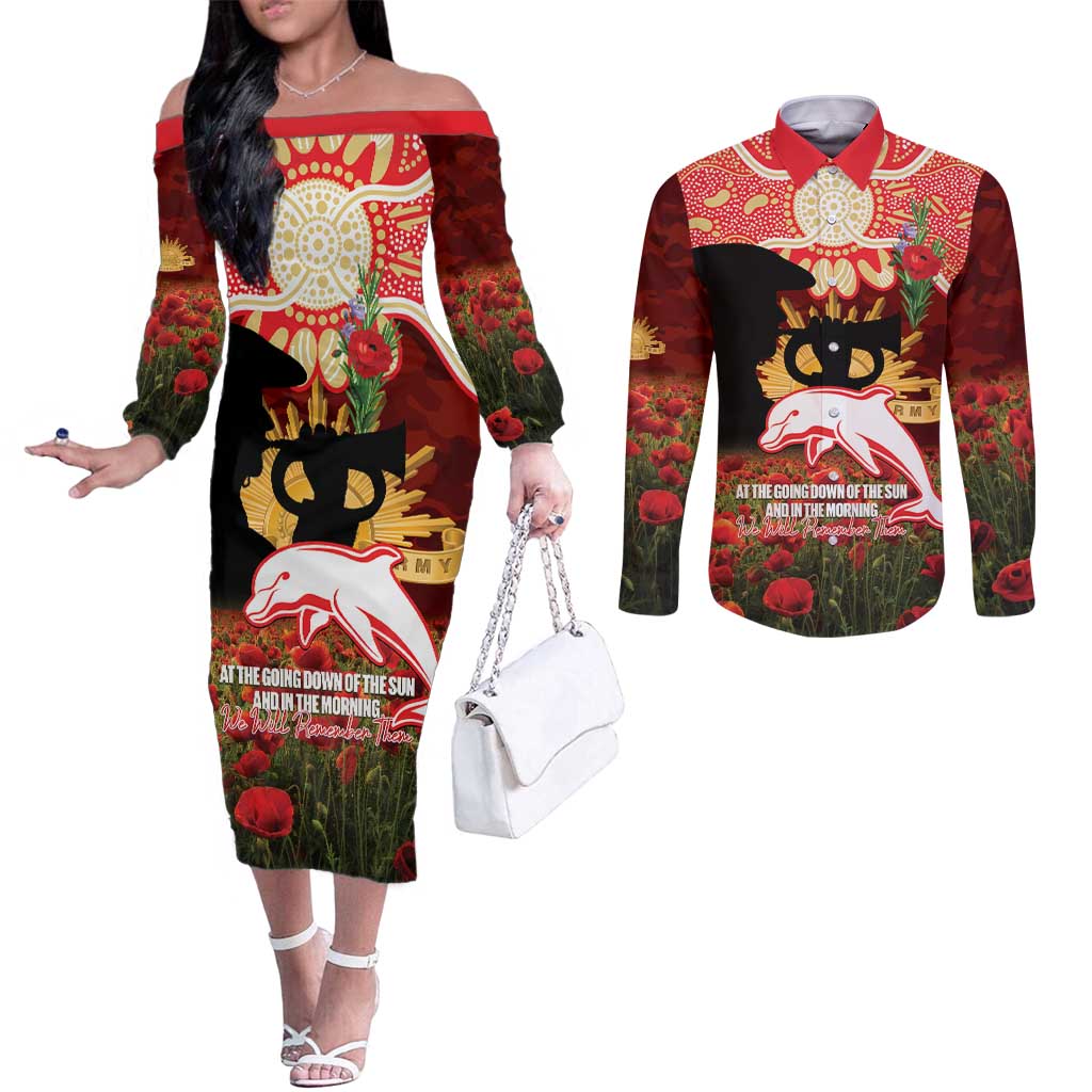 Personalised Dolphins Rugby ANZAC Day Couples Matching Off The Shoulder Long Sleeve Dress and Long Sleeve Button Shirt Last Post Poppy We Will Remember Them