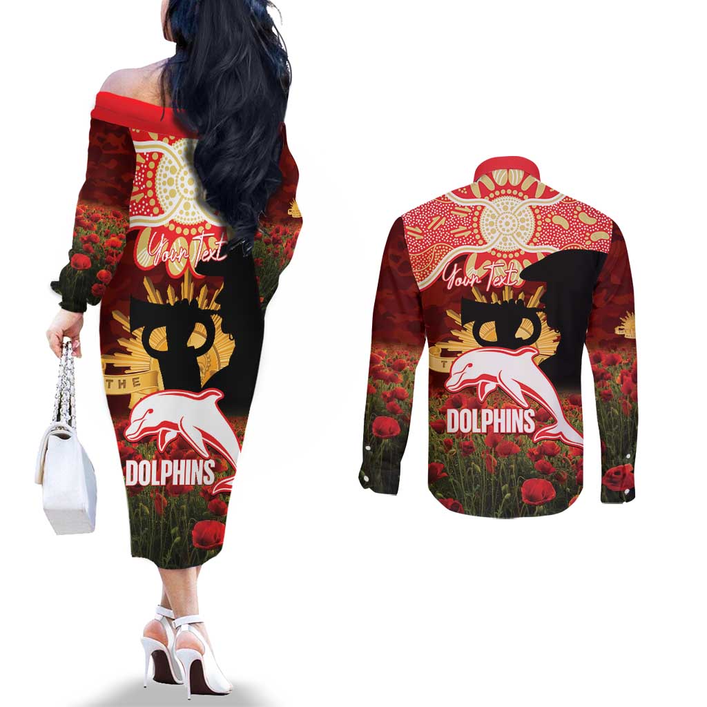 Personalised Dolphins Rugby ANZAC Day Couples Matching Off The Shoulder Long Sleeve Dress and Long Sleeve Button Shirt Last Post Poppy We Will Remember Them