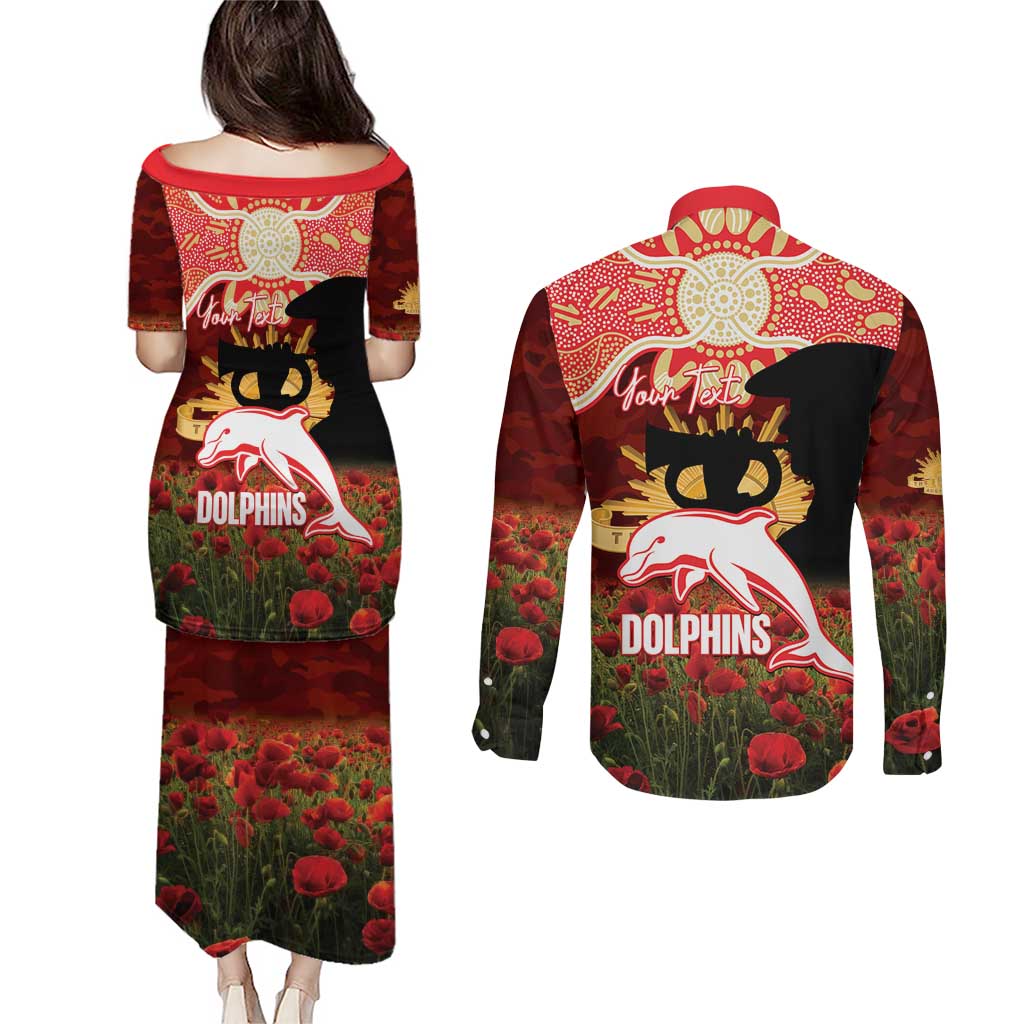Personalised Dolphins Rugby ANZAC Day Couples Matching Puletasi and Long Sleeve Button Shirt Last Post Poppy We Will Remember Them