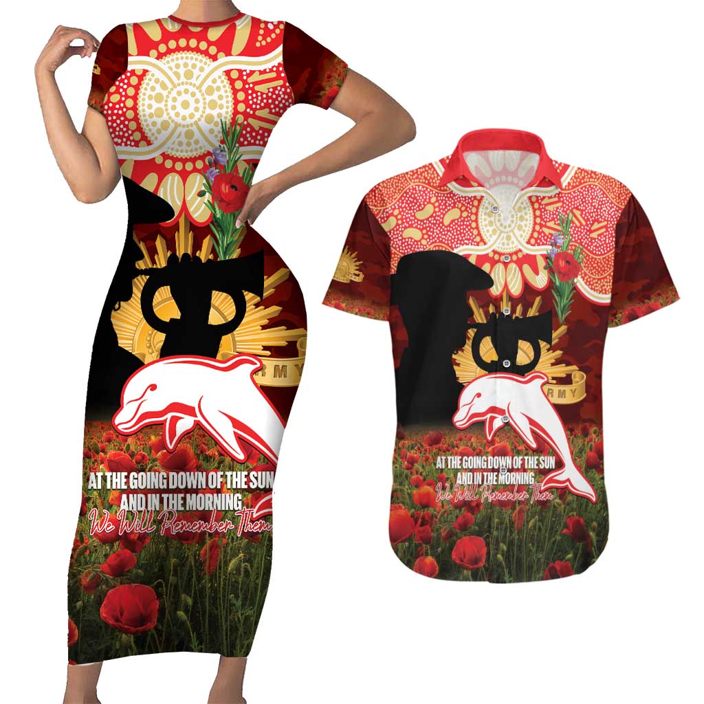 Personalised Dolphins Rugby ANZAC Day Couples Matching Short Sleeve Bodycon Dress and Hawaiian Shirt Last Post Poppy We Will Remember Them