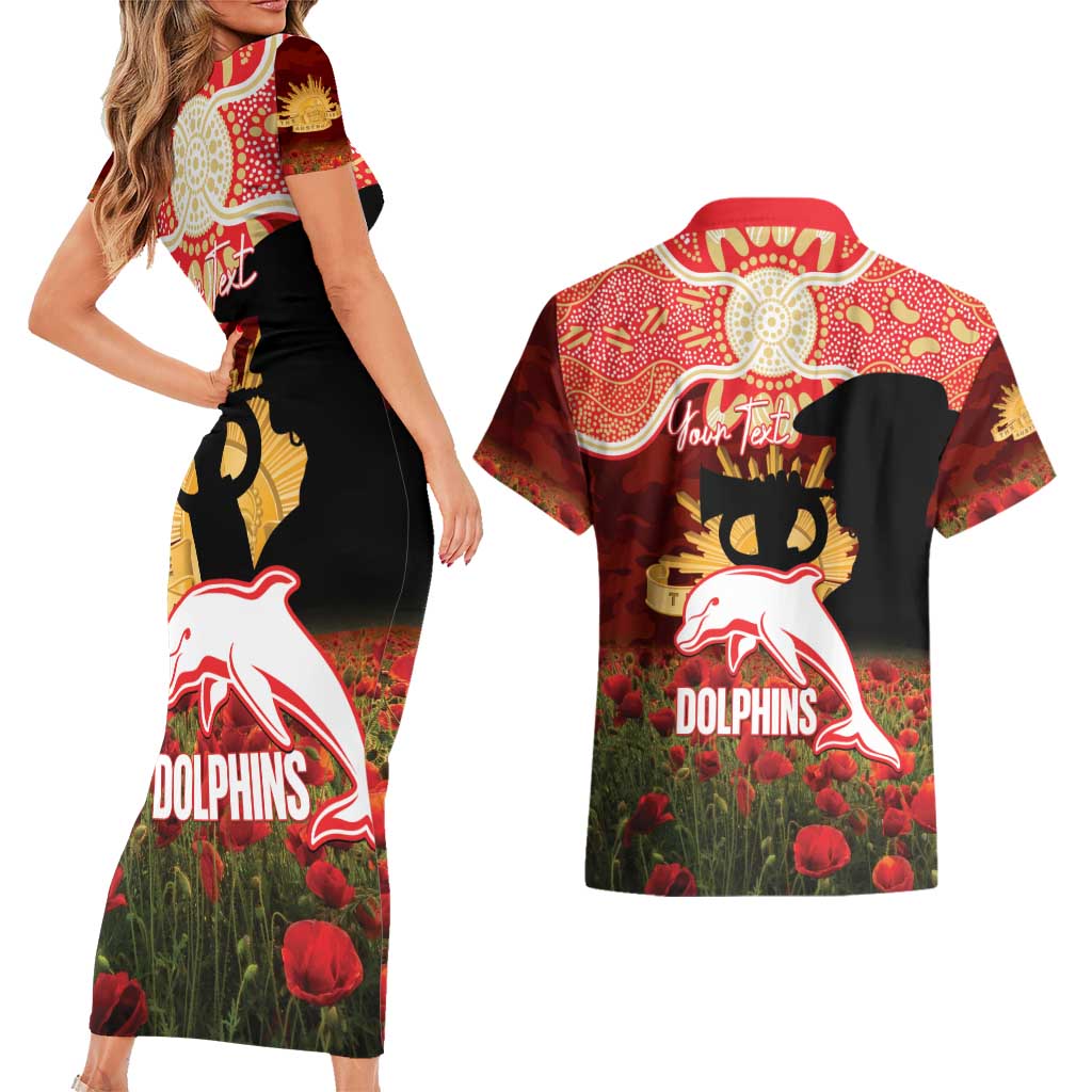 Personalised Dolphins Rugby ANZAC Day Couples Matching Short Sleeve Bodycon Dress and Hawaiian Shirt Last Post Poppy We Will Remember Them