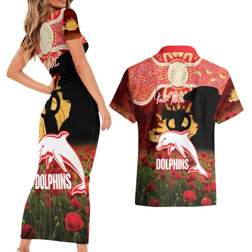 Personalised Dolphins Rugby ANZAC Day Couples Matching Short Sleeve Bodycon Dress and Hawaiian Shirt Last Post Poppy We Will Remember Them