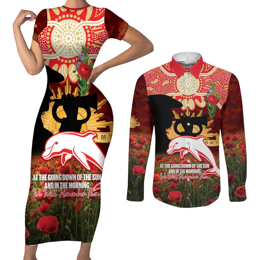 Personalised Dolphins Rugby ANZAC Day Couples Matching Short Sleeve Bodycon Dress and Long Sleeve Button Shirt Last Post Poppy We Will Remember Them