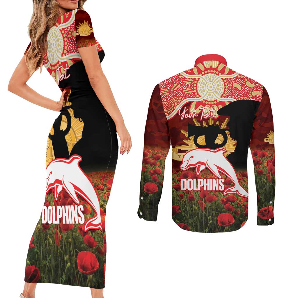 Personalised Dolphins Rugby ANZAC Day Couples Matching Short Sleeve Bodycon Dress and Long Sleeve Button Shirt Last Post Poppy We Will Remember Them
