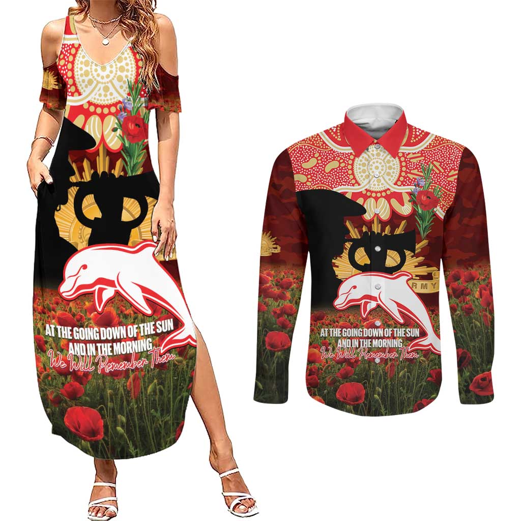 Personalised Dolphins Rugby ANZAC Day Couples Matching Summer Maxi Dress and Long Sleeve Button Shirt Last Post Poppy We Will Remember Them