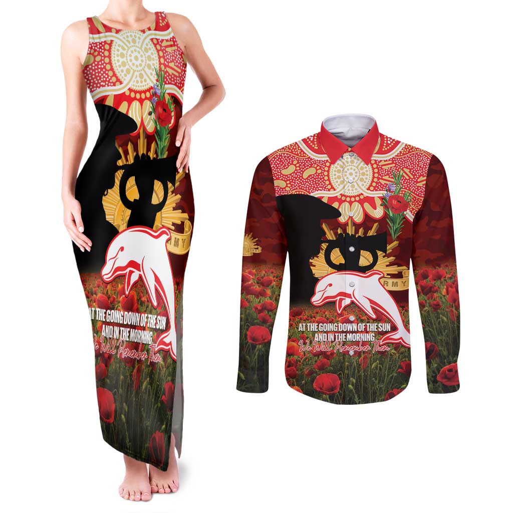 Personalised Dolphins Rugby ANZAC Day Couples Matching Tank Maxi Dress and Long Sleeve Button Shirt Last Post Poppy We Will Remember Them