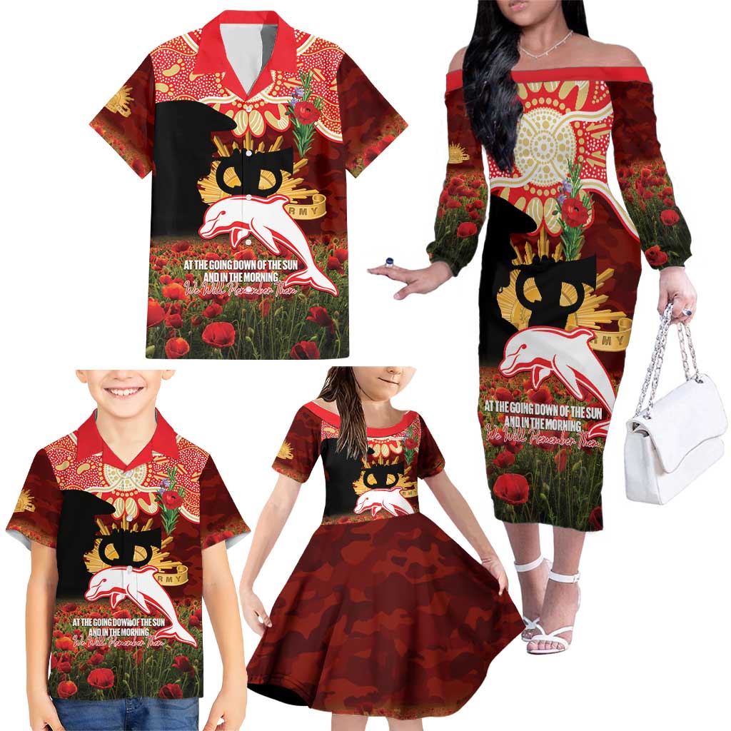 Personalised Dolphins Rugby ANZAC Day Family Matching Off The Shoulder Long Sleeve Dress and Hawaiian Shirt Last Post Poppy We Will Remember Them