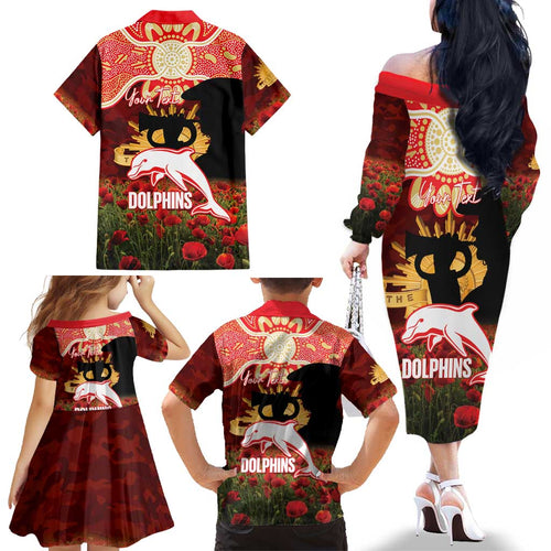 Personalised Dolphins Rugby ANZAC Day Family Matching Off The Shoulder Long Sleeve Dress and Hawaiian Shirt Last Post Poppy We Will Remember Them