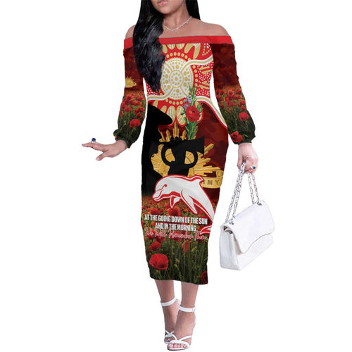 Personalised Dolphins Rugby ANZAC Day Family Matching Off The Shoulder Long Sleeve Dress and Hawaiian Shirt Last Post Poppy We Will Remember Them