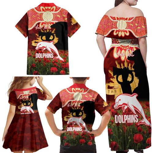 Personalised Dolphins Rugby ANZAC Day Family Matching Off Shoulder Maxi Dress and Hawaiian Shirt Last Post Poppy We Will Remember Them