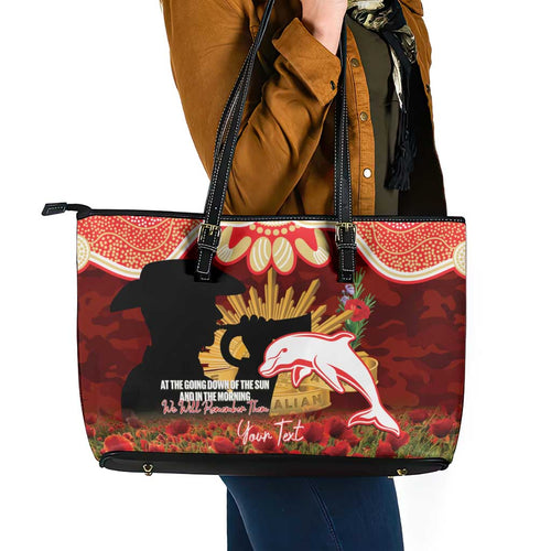 Personalised Dolphins Rugby ANZAC Day Leather Tote Bag Last Post Poppy We Will Remember Them