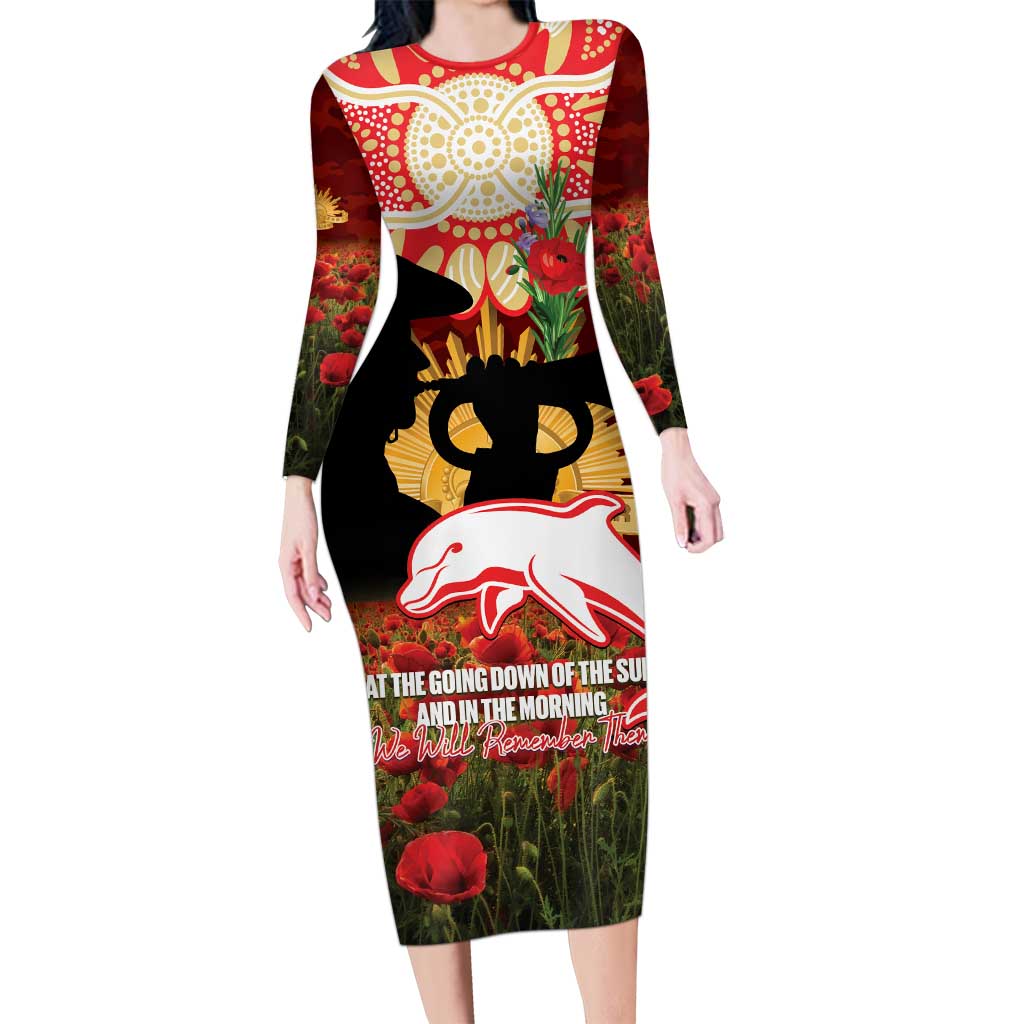 Personalised Dolphins Rugby ANZAC Day Long Sleeve Bodycon Dress Last Post Poppy We Will Remember Them