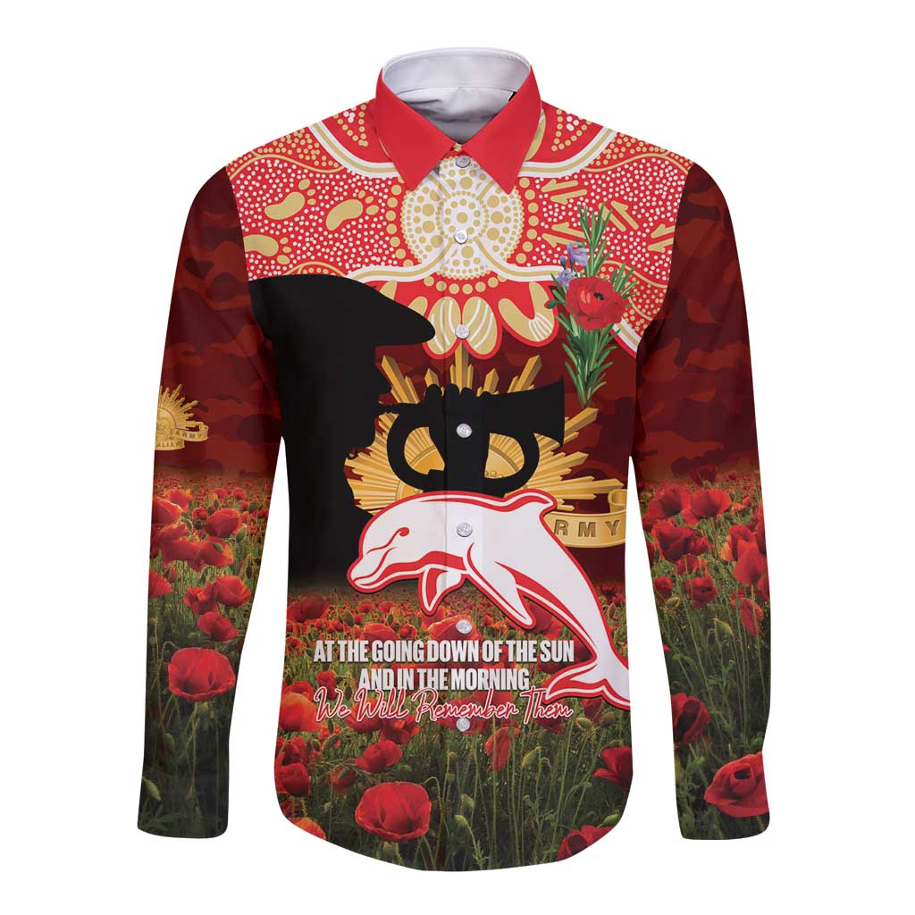 Personalised Dolphins Rugby ANZAC Day Long Sleeve Button Shirt Last Post Poppy We Will Remember Them