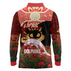 Personalised Dolphins Rugby ANZAC Day Long Sleeve Polo Shirt Last Post Poppy We Will Remember Them