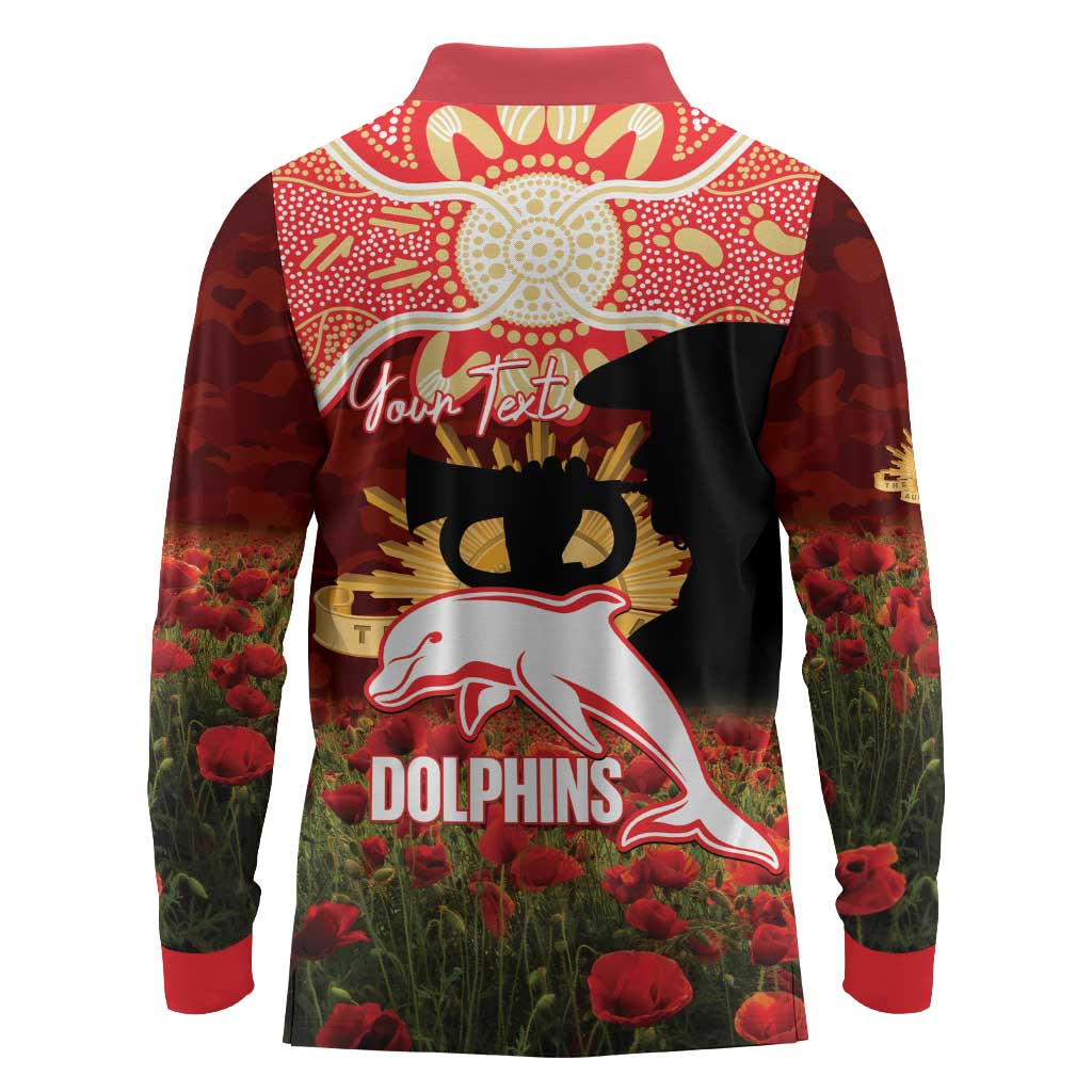 Personalised Dolphins Rugby ANZAC Day Long Sleeve Polo Shirt Last Post Poppy We Will Remember Them