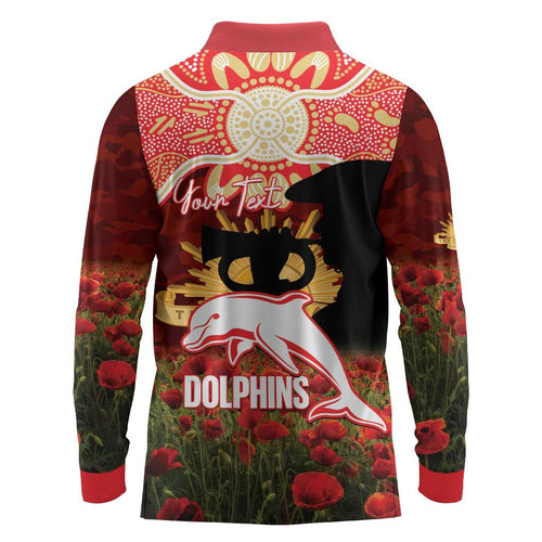Personalised Dolphins Rugby ANZAC Day Long Sleeve Polo Shirt Last Post Poppy We Will Remember Them
