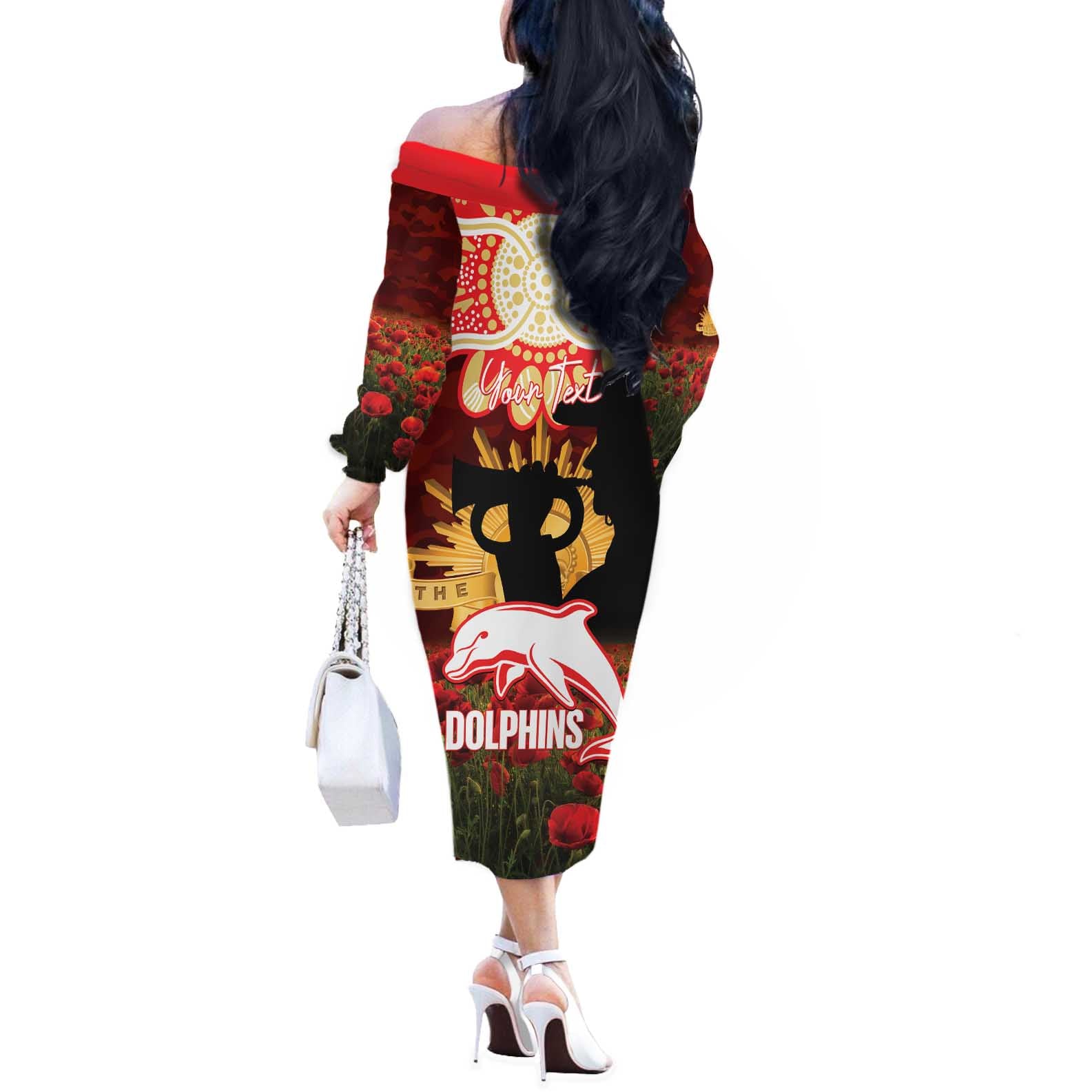 Personalised Dolphins Rugby ANZAC Day Off The Shoulder Long Sleeve Dress Last Post Poppy We Will Remember Them