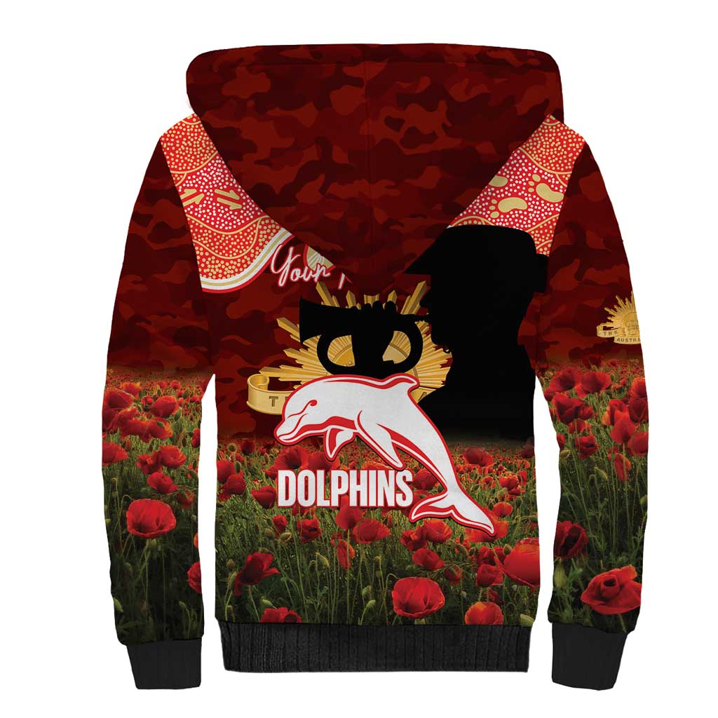 Personalised Dolphins Rugby ANZAC Day Sherpa Hoodie Last Post Poppy We Will Remember Them