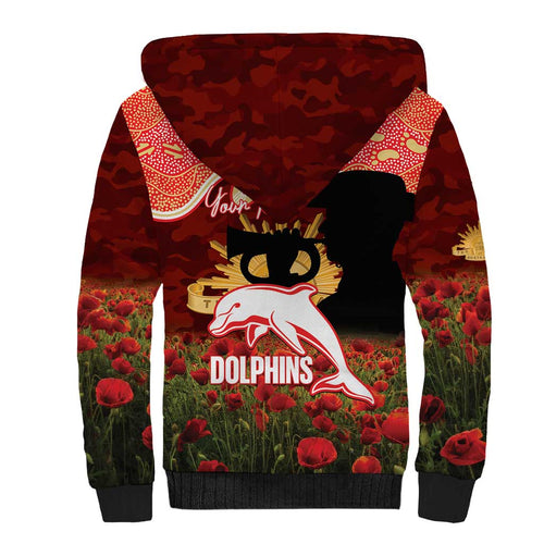 Personalised Dolphins Rugby ANZAC Day Sherpa Hoodie Last Post Poppy We Will Remember Them