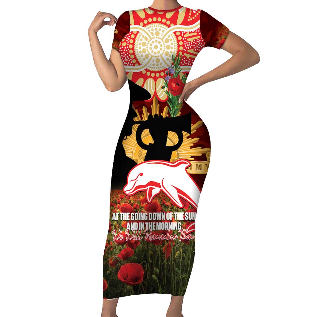 Personalised Dolphins Rugby ANZAC Day Short Sleeve Bodycon Dress Last Post Poppy We Will Remember Them