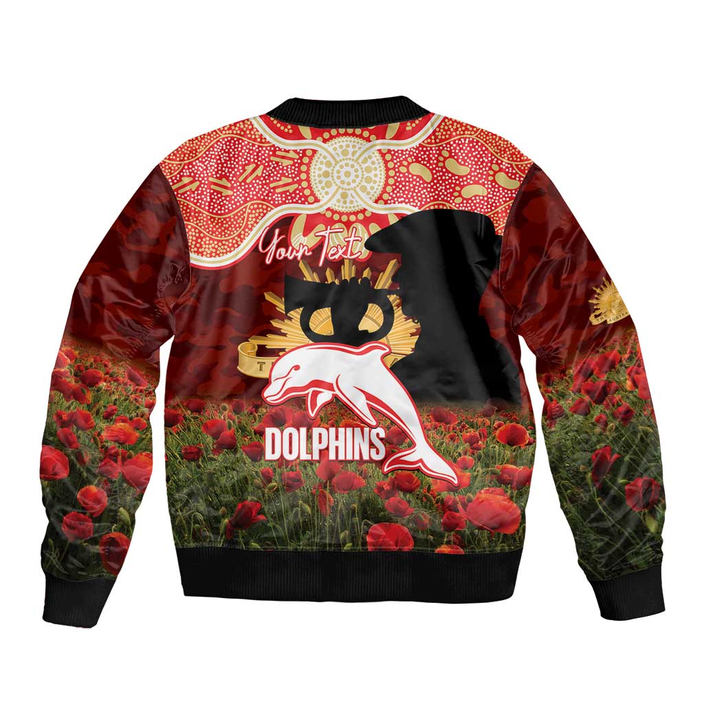 Personalised Dolphins Rugby ANZAC Day Sleeve Zip Bomber Jacket Last Post Poppy We Will Remember Them