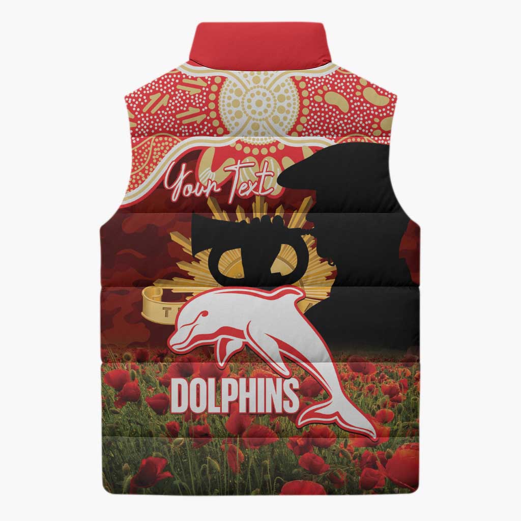 Personalised Dolphins Rugby ANZAC Day Sleeveless Puffer Jacket Last Post Poppy We Will Remember Them