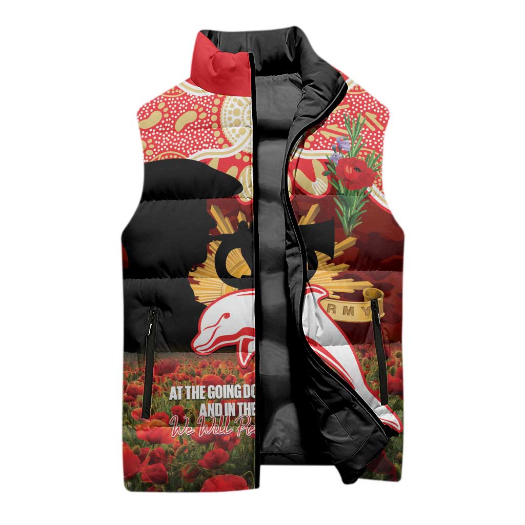 Personalised Dolphins Rugby ANZAC Day Sleeveless Puffer Jacket Last Post Poppy We Will Remember Them