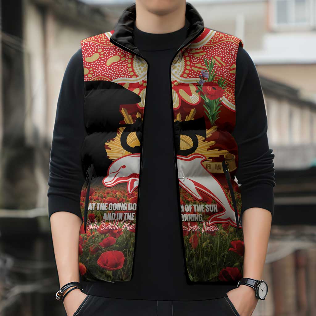 Personalised Dolphins Rugby ANZAC Day Sleeveless Puffer Jacket Last Post Poppy We Will Remember Them
