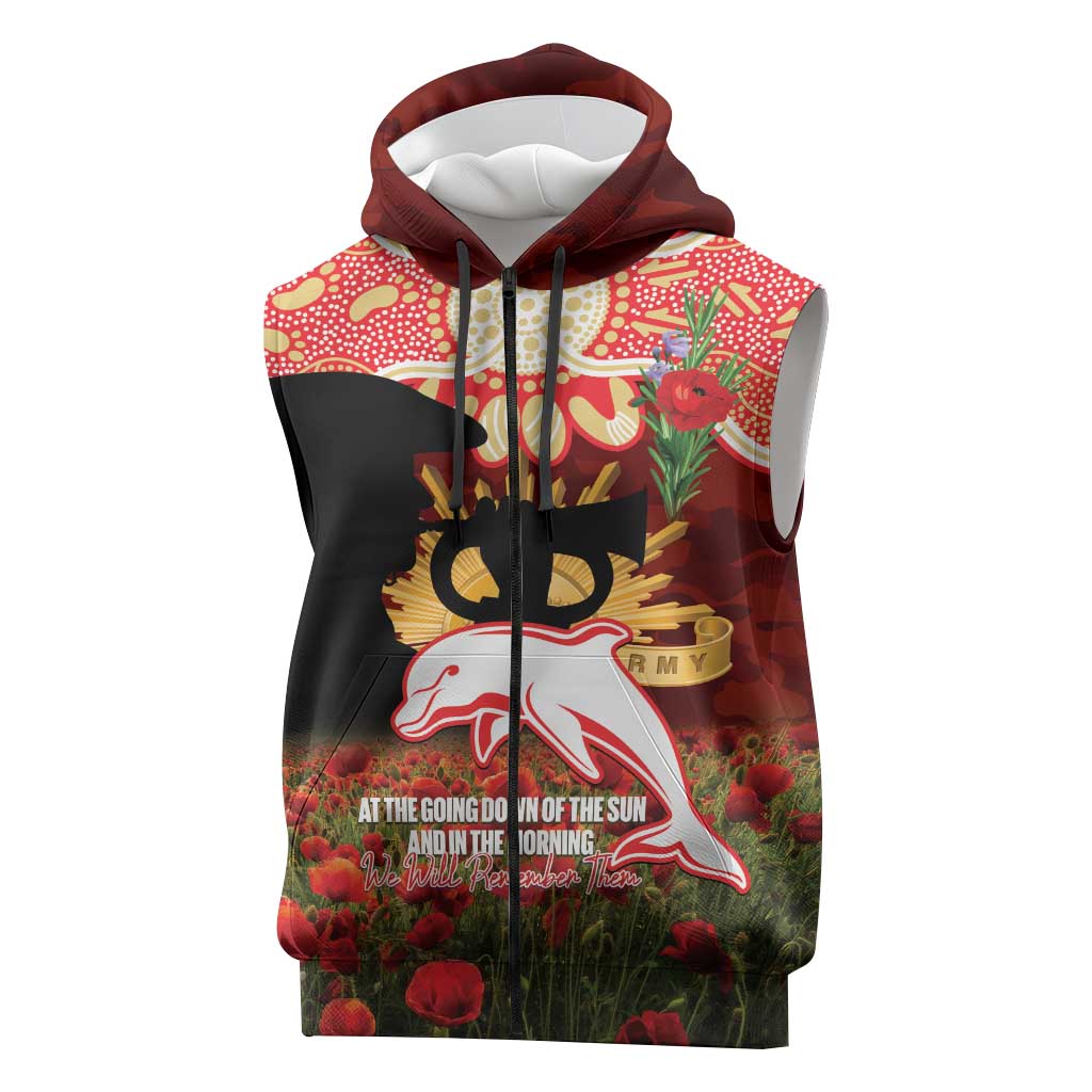 Personalised Dolphins Rugby ANZAC Day Sleeveless Zip Hoodie Last Post Poppy We Will Remember Them
