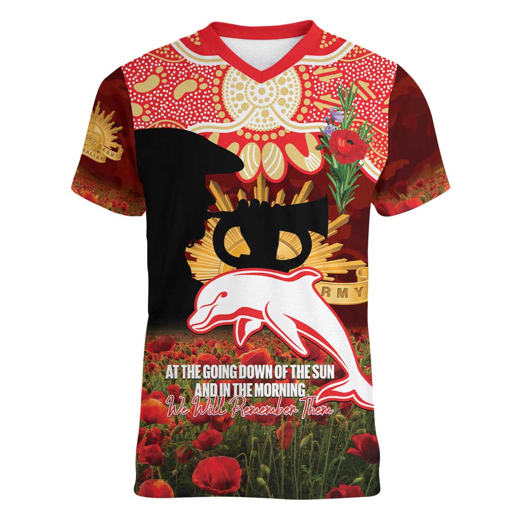 Personalised Dolphins Rugby ANZAC Day Women V-Neck T-Shirt Last Post Poppy We Will Remember Them