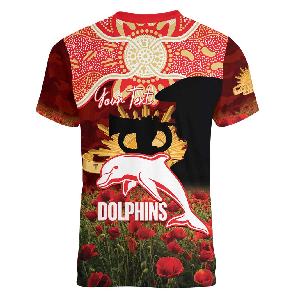 Personalised Dolphins Rugby ANZAC Day Women V-Neck T-Shirt Last Post Poppy We Will Remember Them